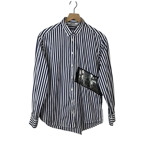MSGM Italy Blue Striped Embellished Button Front Shirt - Picture 1 of 5